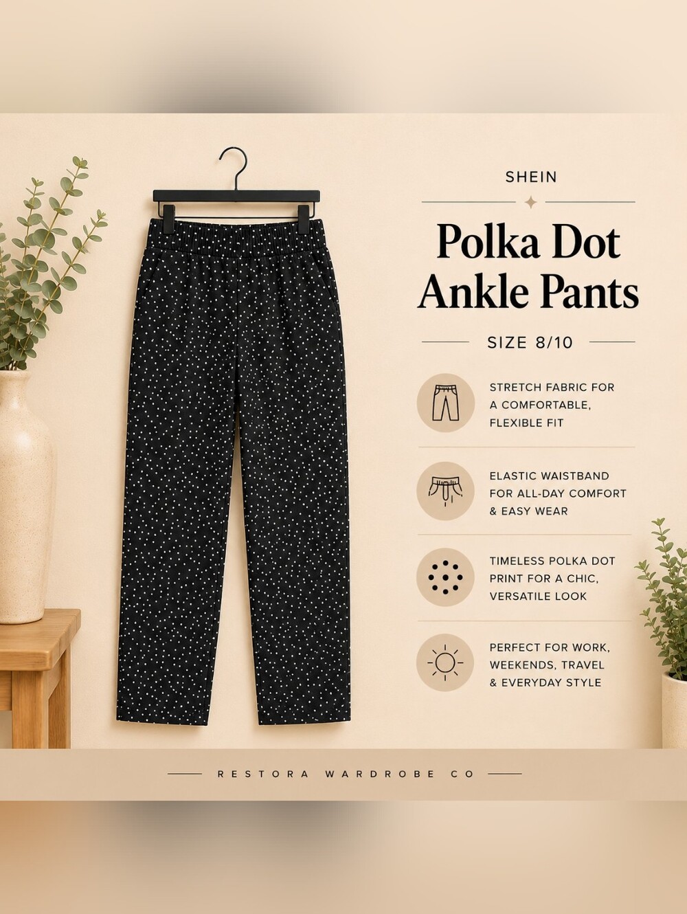 SHEIN Polka Dot Ankle Pants Women’s Large Black White Stretch Straight Fit